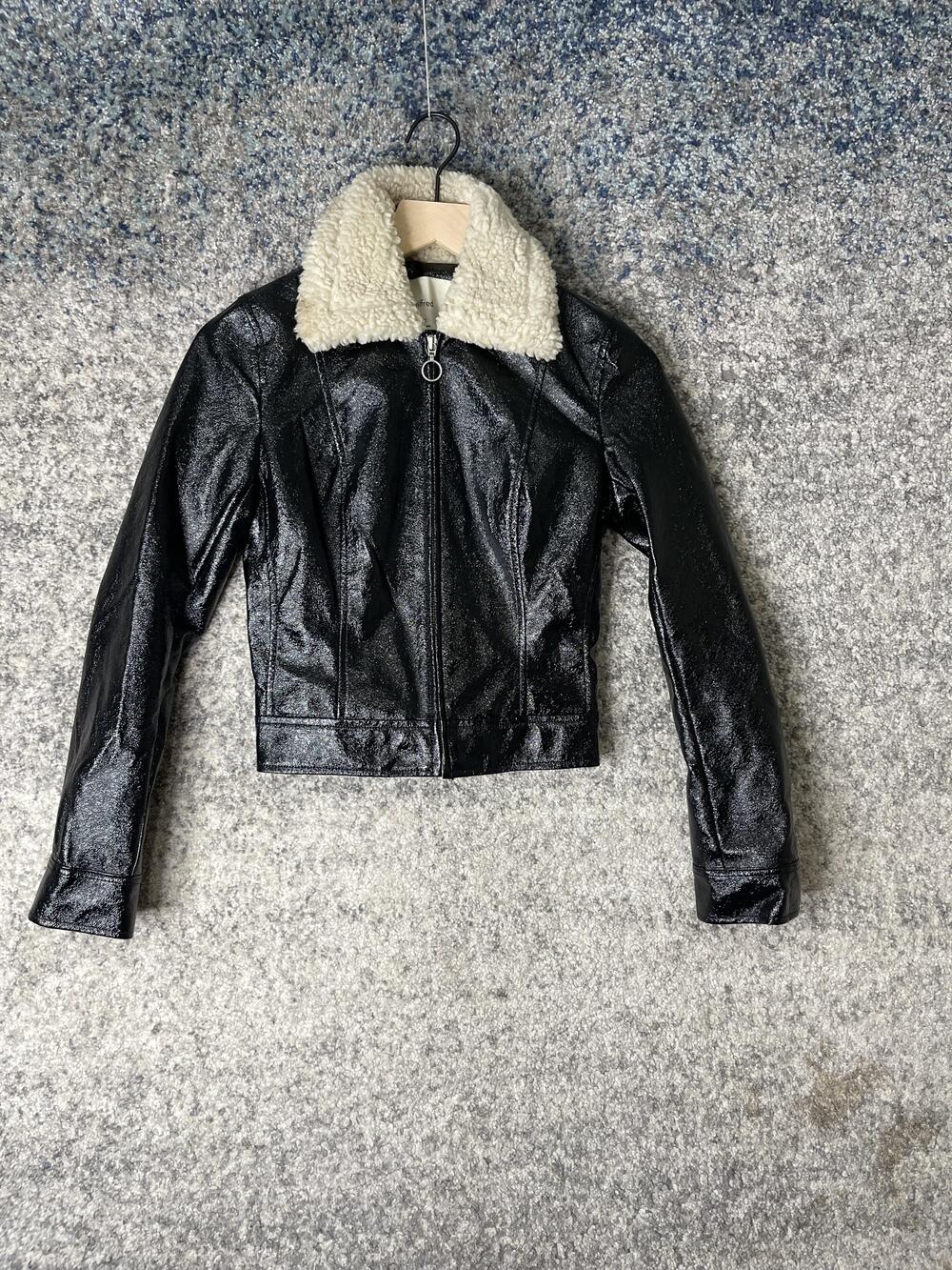 Wilfred Jacket Womens XXS Black Faux Leather Sherpa Collar Cropped Moto Style